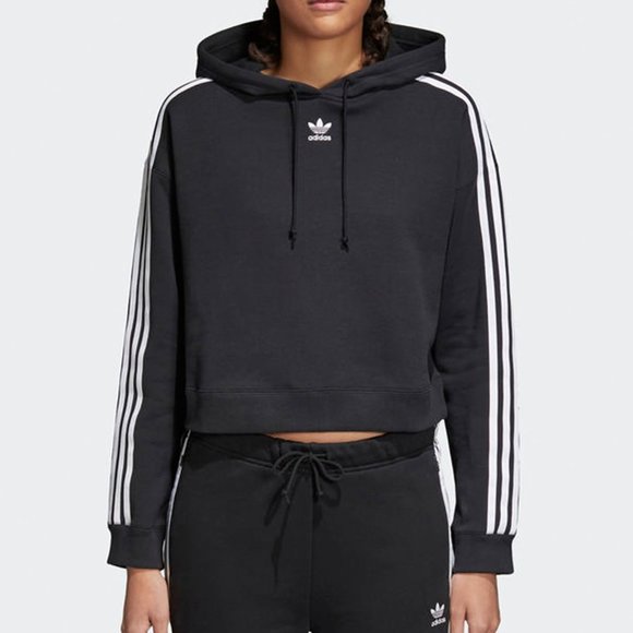 NEW adidas Black Original 3 Stripe Cropped Hoodie - Picture 8 of 9